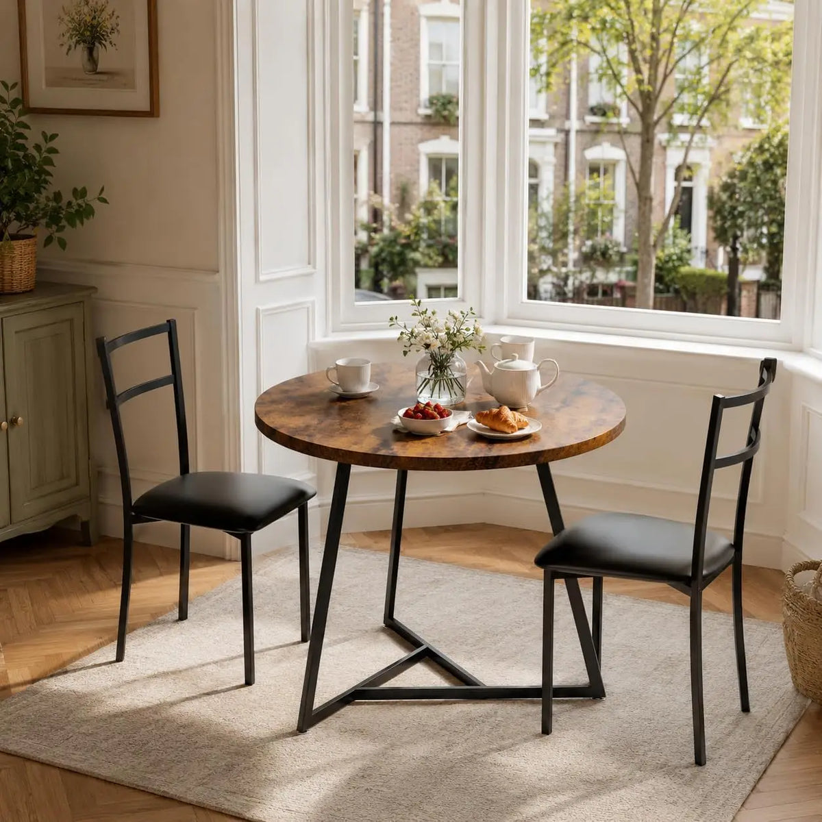 3 piece dining table set with a round rustic brown wood top and black metal legs, plus two upholstered black chairs