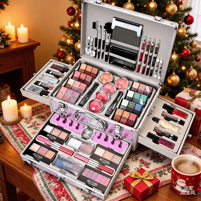 All-In-One Makeup Gift Kit by S And B Enterprise in a silver portable case with mirror and lipsticks, eyeshadows, blush.