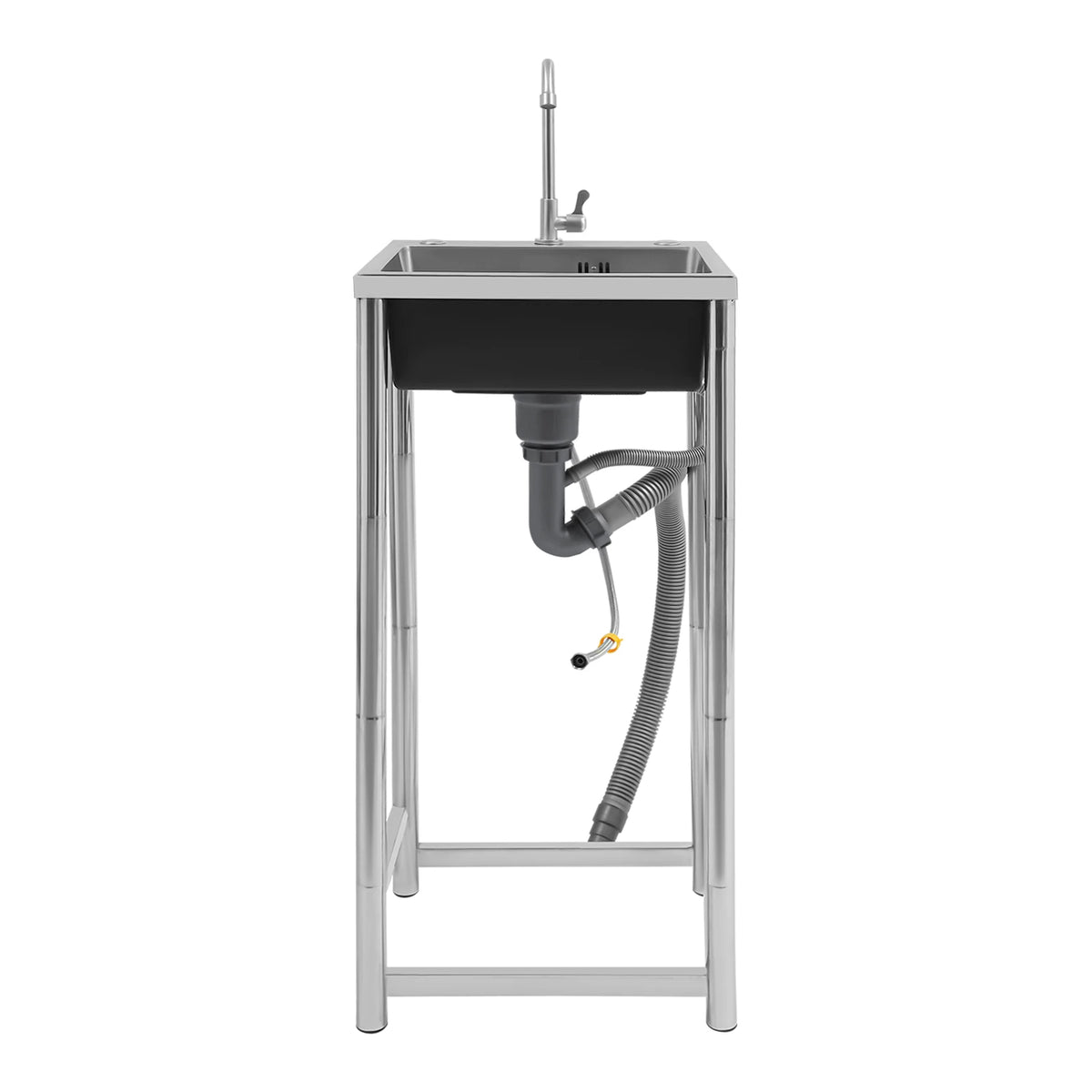 Stainless steel free-standing utility sink with single bowl, tall chrome faucet and chrome legs