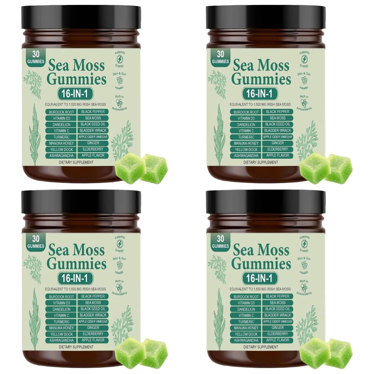 Sea Moss Gummies 16-IN-1 Apple flavor by S And B Enterprise, 30 gummies per bottle, four jars shown