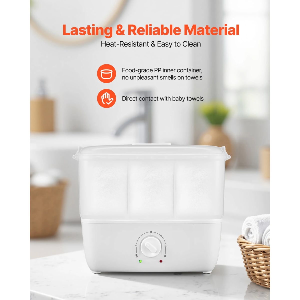Hot towel warmer, white plastic with front dial control and two indicator lights.