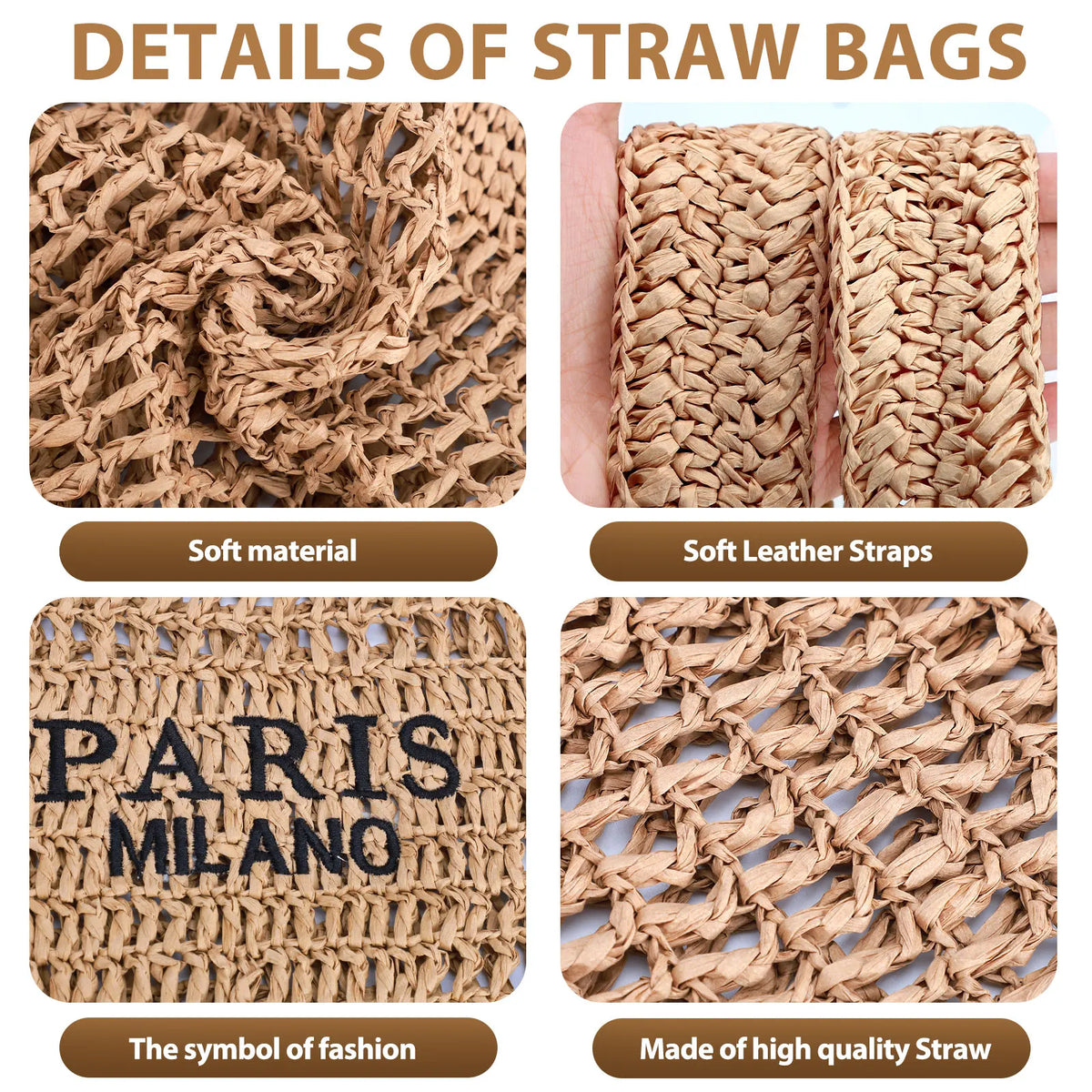 Two straw beach bags by S And B Enterprise; handmade woven totes with soft material and soft leather straps.