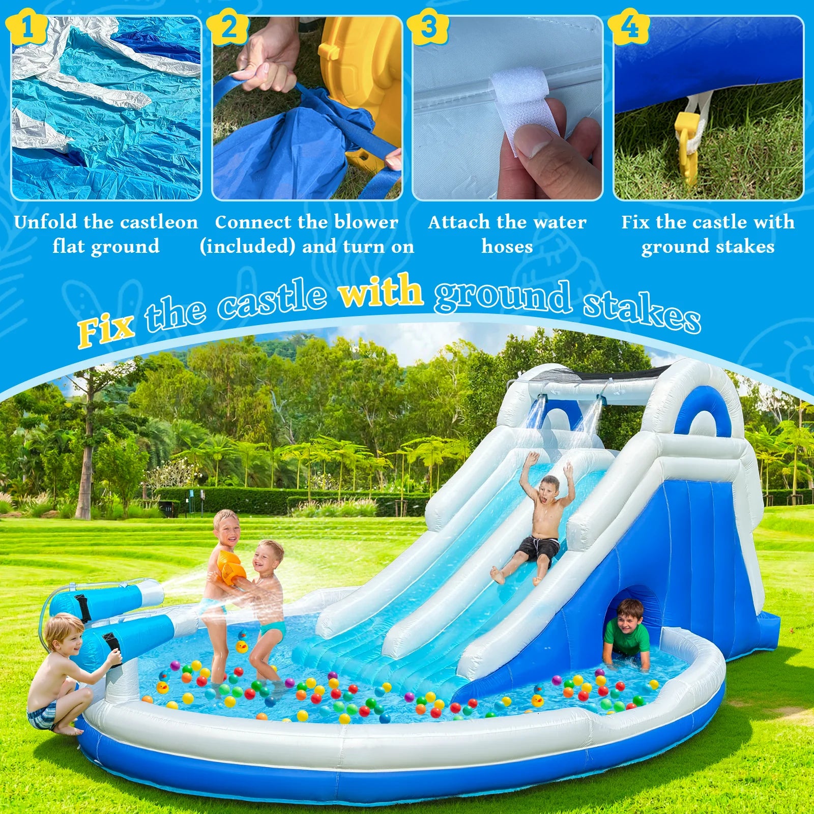 Blue & White Outdoor Inflatable Oxford Fabric Water Slide Pool for Kids, Dual Slides with Sprayers, Backyard Summer Fun Toy for Children by S And B Enterprise