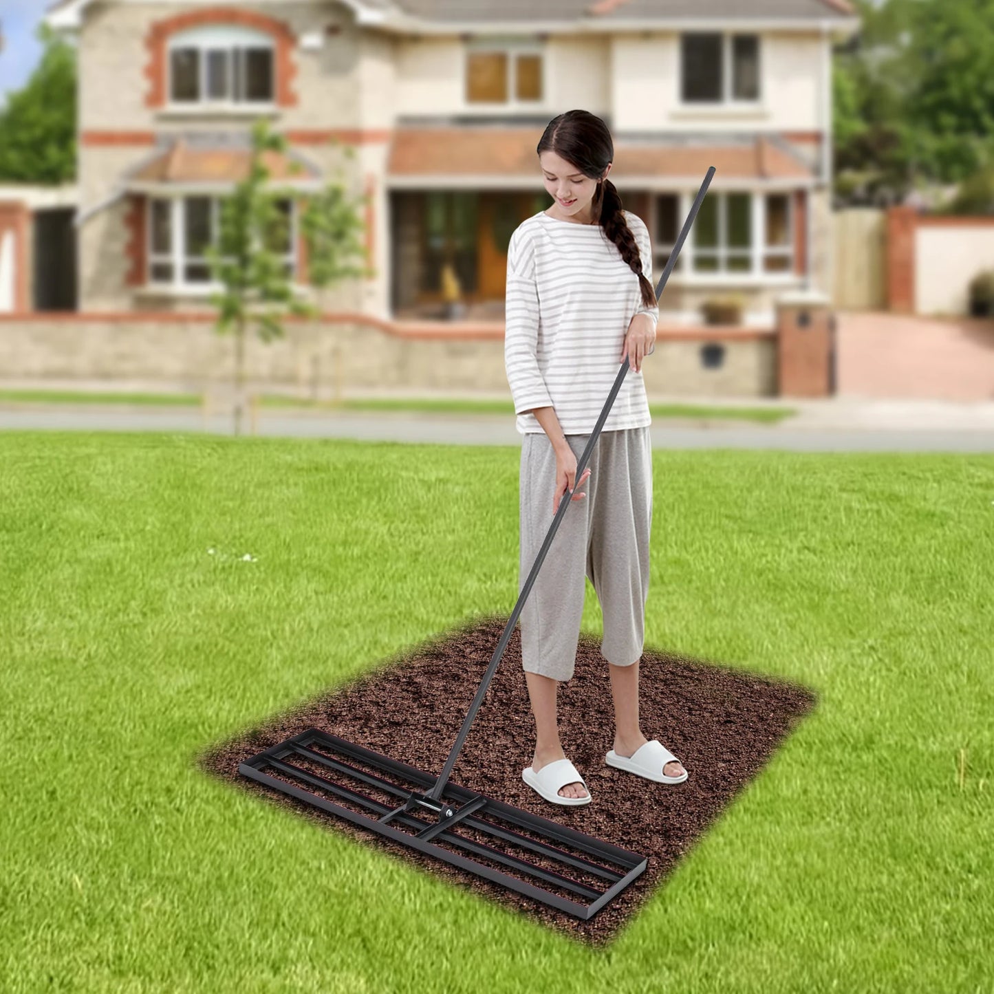 Steel lawn leveler rake with 5.7 ft handle for yard and garden use