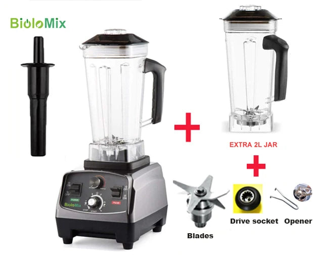 BioloMix heavy-duty blender with 2L jar and extra jar, blades, drive socket, opener