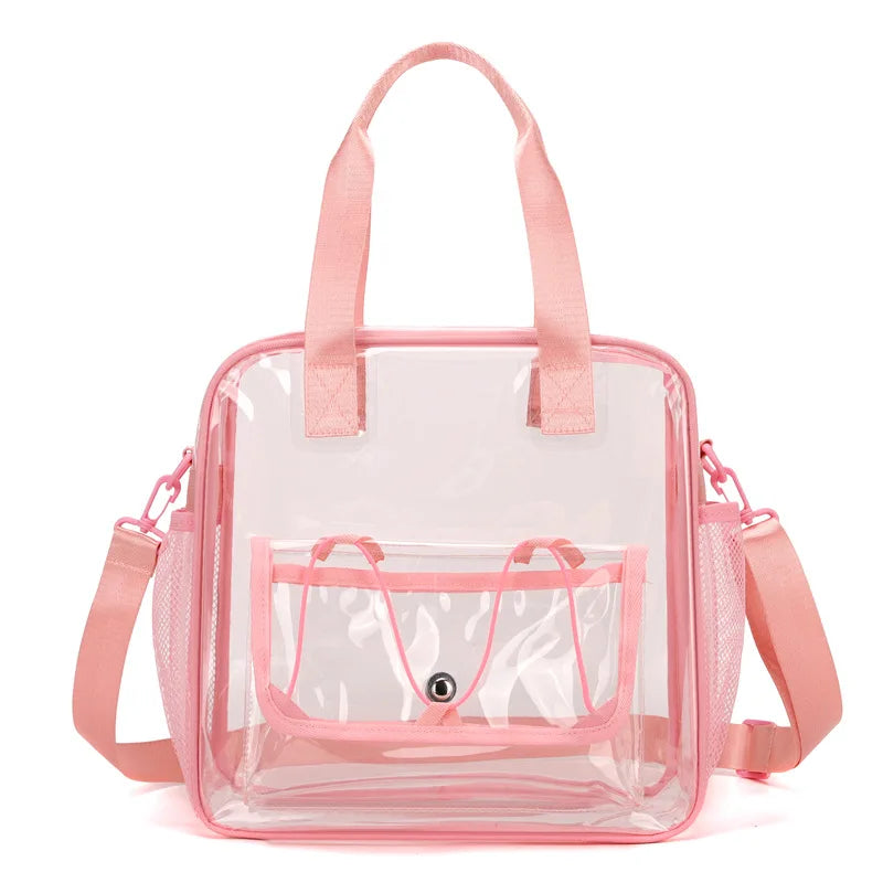 Transparent PVC swimming bag with pink trim, dual top handles and detachable pink crossbody strap