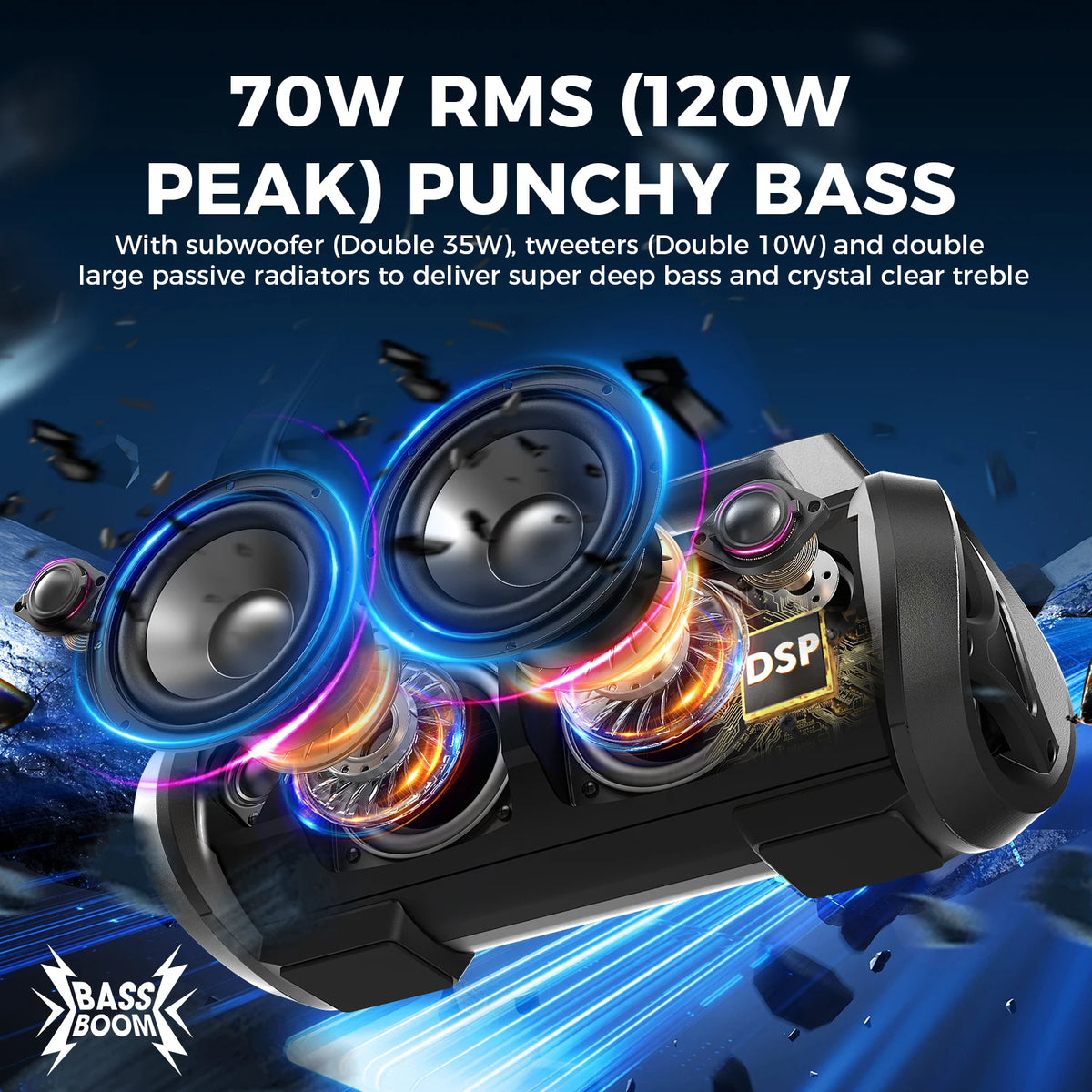 W-KING D10 portable Bluetooth speaker with blue LED rings around dual drivers, black rugged boombox style with Bass Boom logo