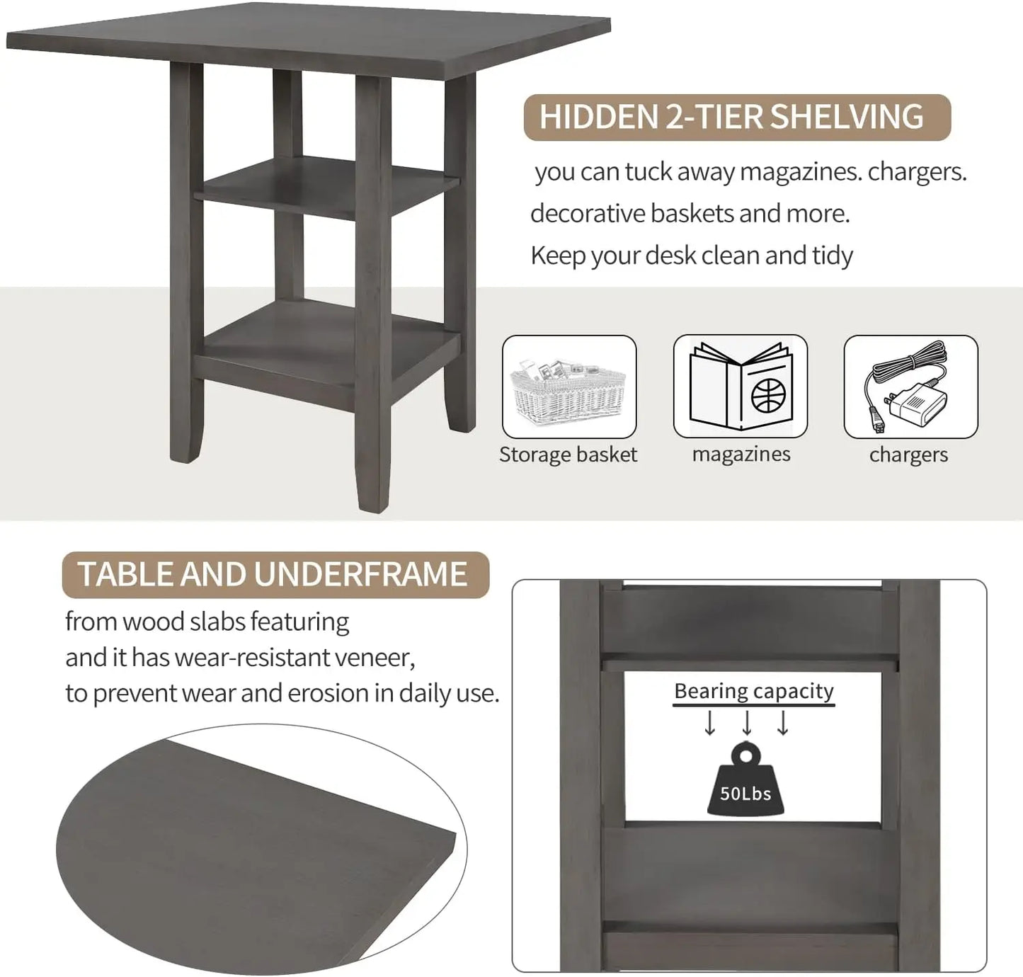 5 Piece Kitchen Dining Table Set with Padded Chairs for 4 Solid Wood Dining Room Table Set with Shelves for Storage, Gray
