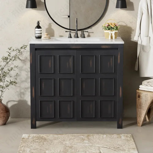 Bathroom Vanity Cabinet 36-Inch Solid Wood with ceramic sink basin, dark finish, soft-close storage doors