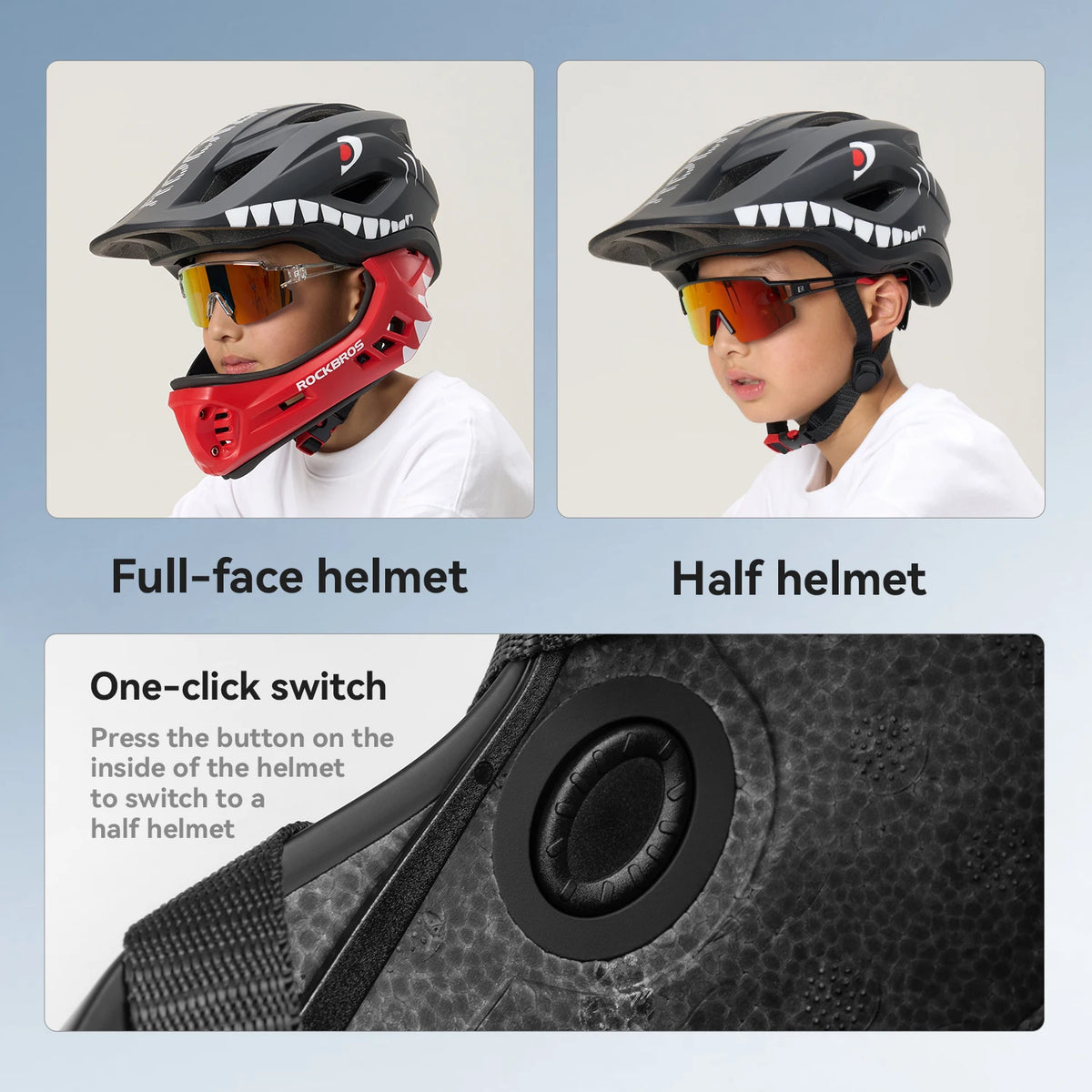 ROCKBROS child cycling helmet with full-face and half-helmet modes, black shell and red chin guard.