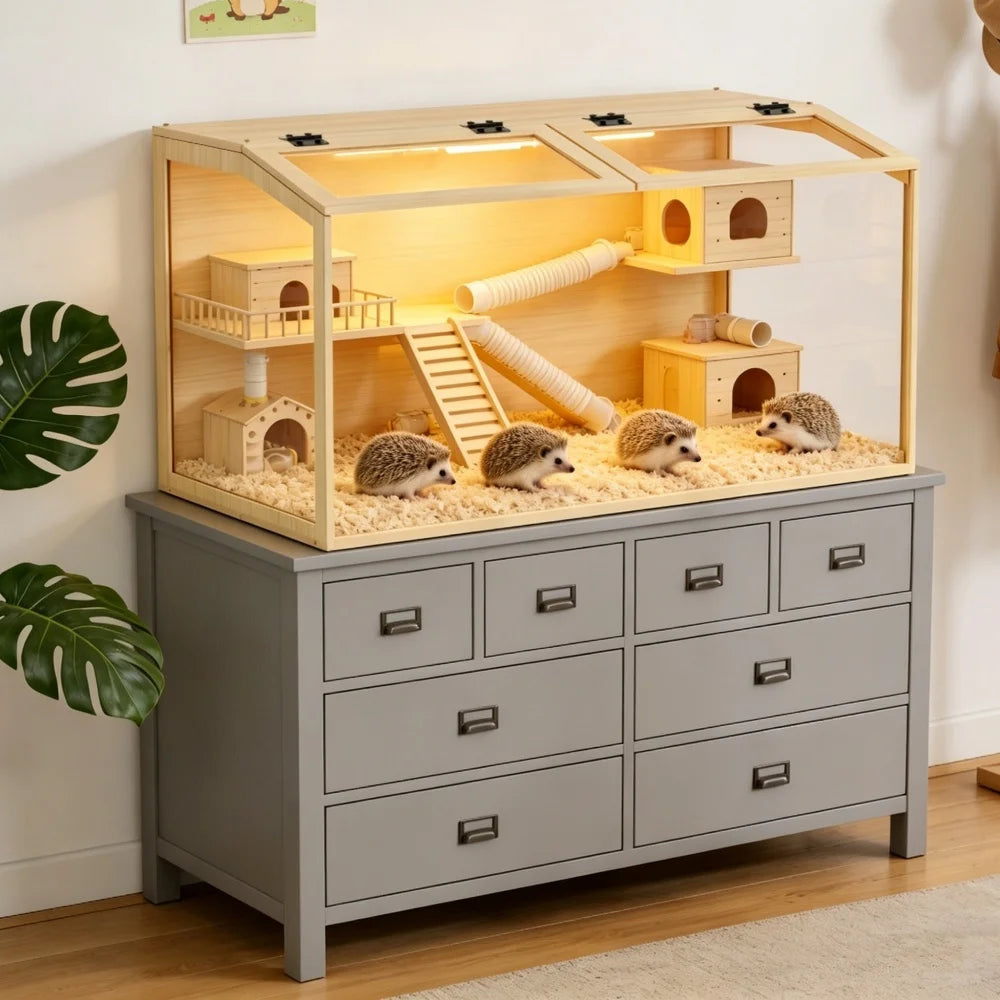 Wooden Hamster Cage With Glass And Built In LED Roof by S And B Enterprise