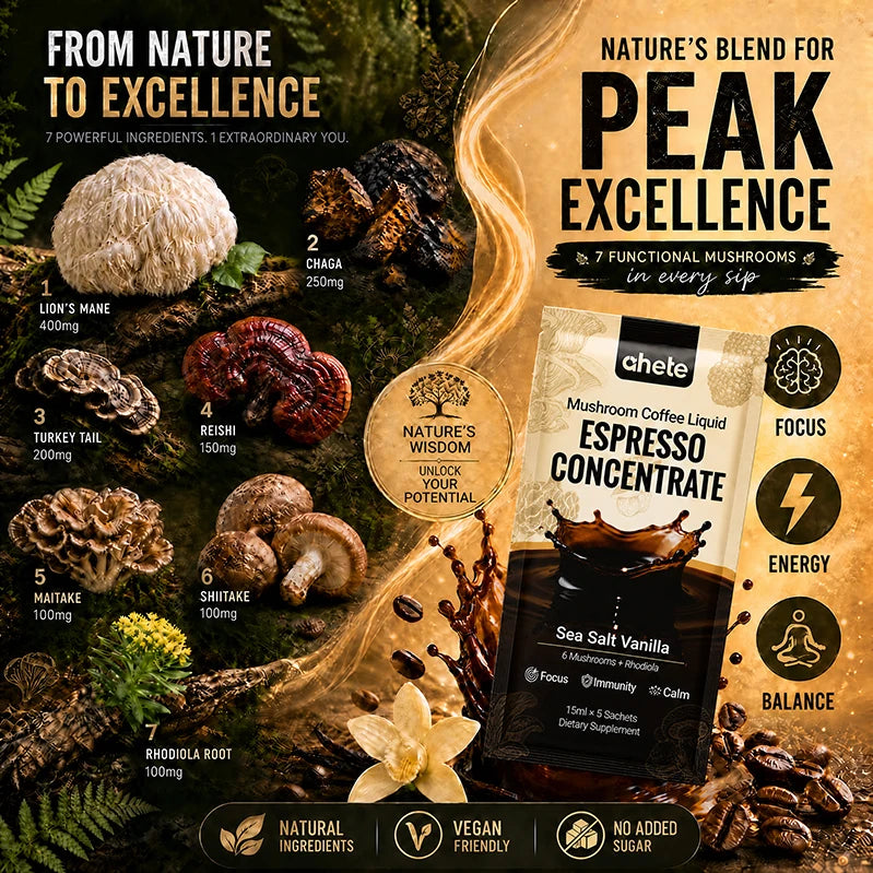 AHETE Mushroom Coffee Liquid Espresso Concentrate by S And B Enterprise, Sea Salt Vanilla flavor, packaging shown