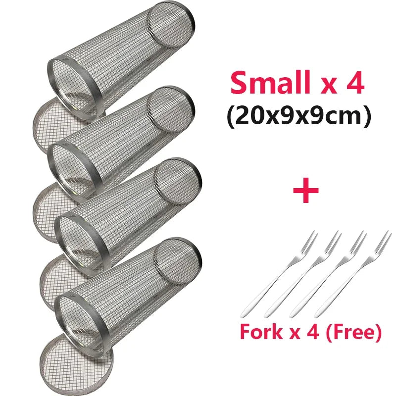 Stainless steel cylindrical BBQ grill baskets set, 4 small 20x9x9 cm, with 4 free forks.