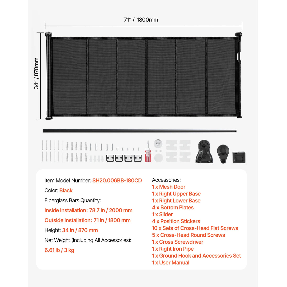 Retractable baby gate in black by S And B Enterprise; 71-inch wide mesh gate with mounting hardware.