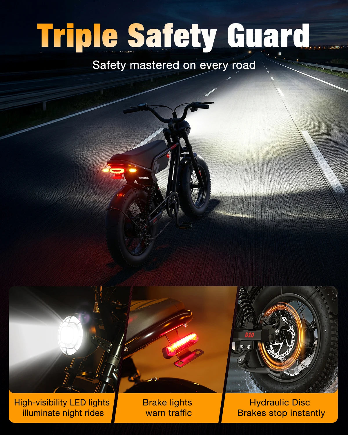 Hopepeak D10 electric fat-tire mountain bike with full suspension, black finish, and high-visibility LED lights