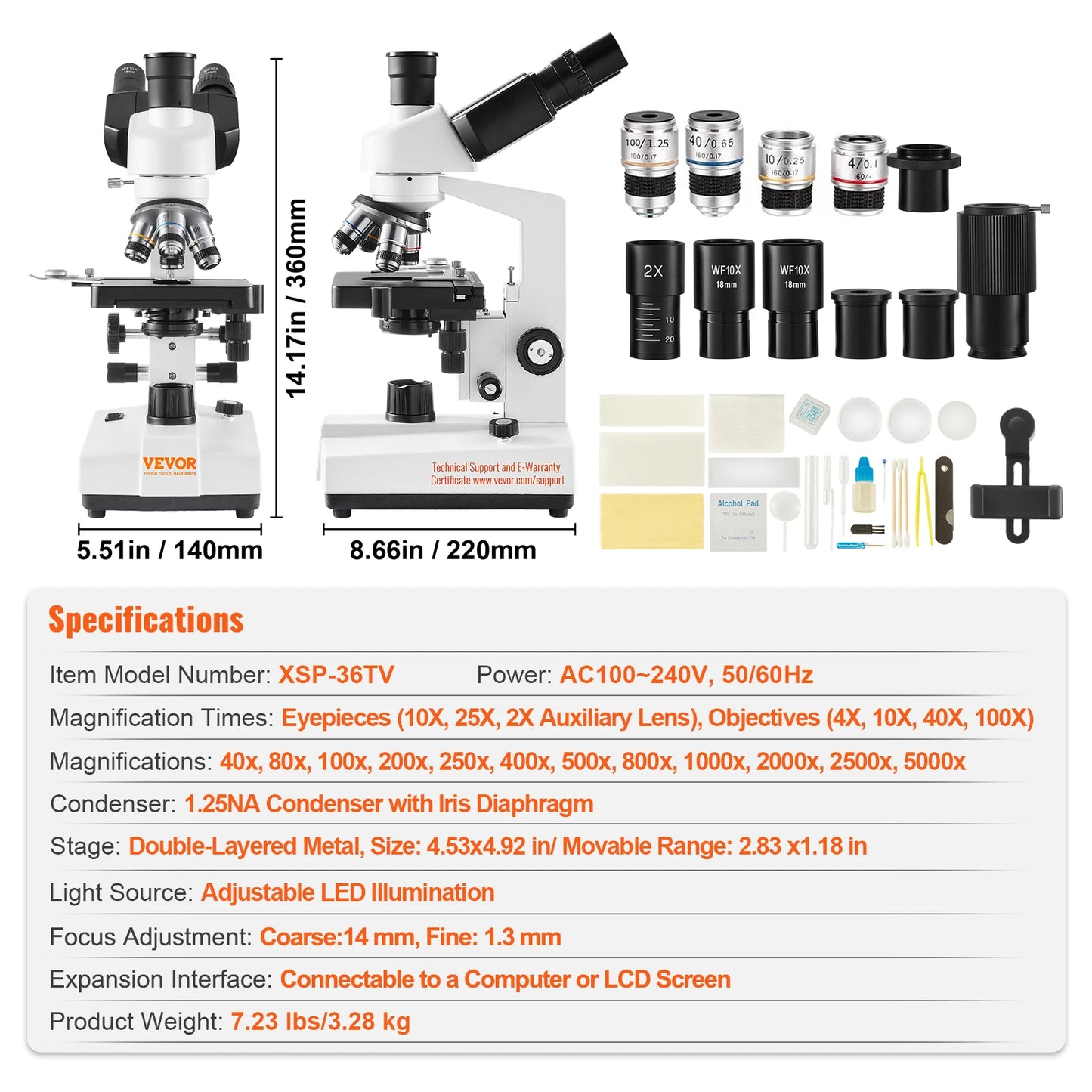 SucceBuy compound trinocular microscope with LED illumination and external interface, 40X-2500X/40X-5000X magnification.