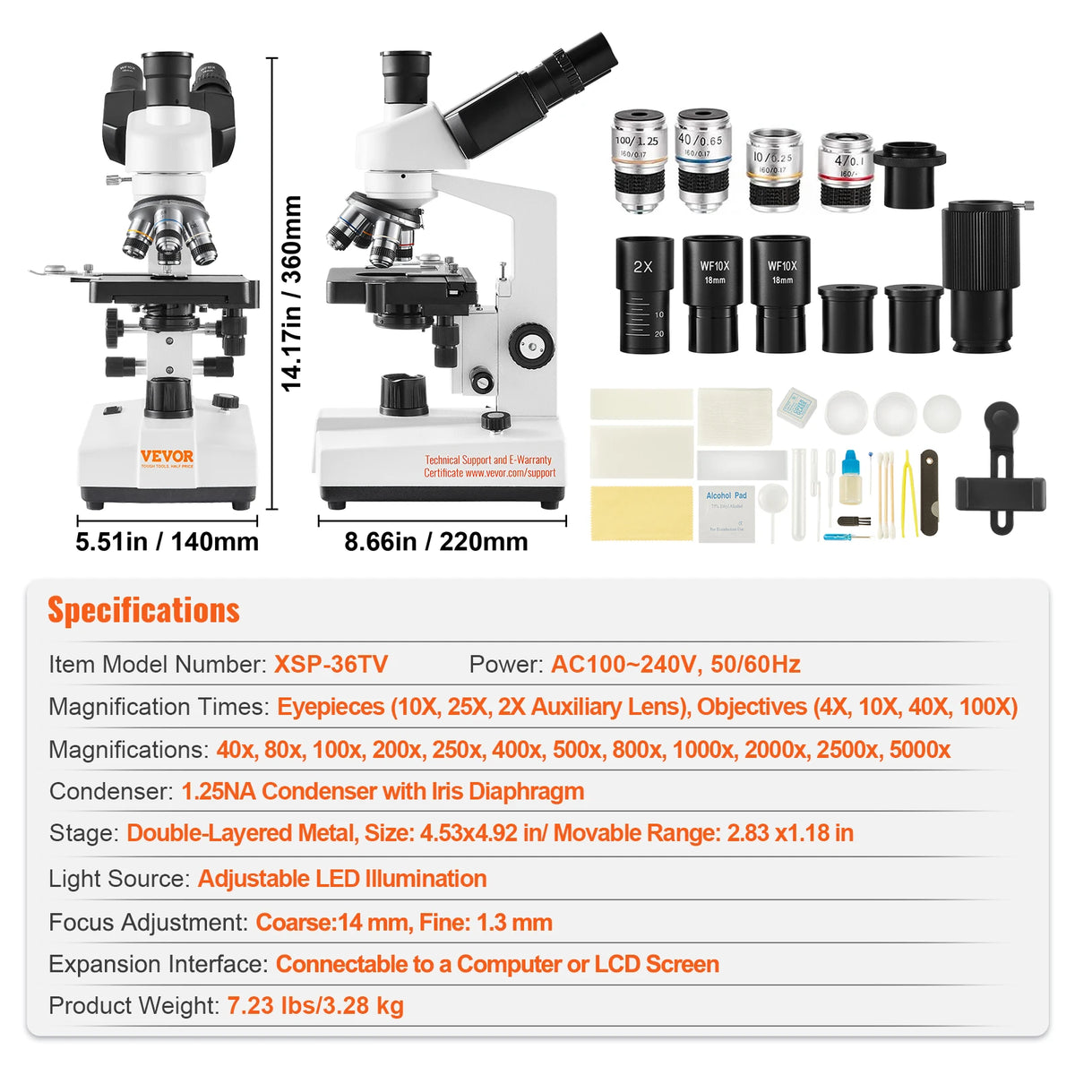 SucceBuy compound trinocular microscope with LED illumination and external interface, 40X-2500X/40X-5000X magnification.