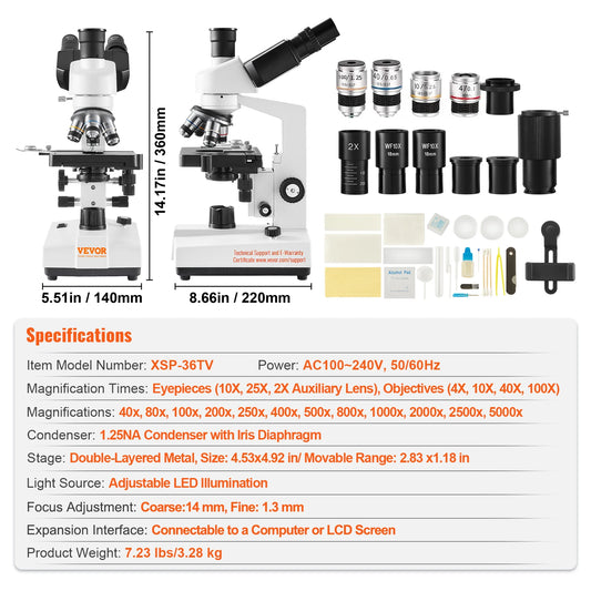 SucceBuy compound trinocular microscope with LED illumination and external interface, 40X-2500X/40X-5000X magnification.