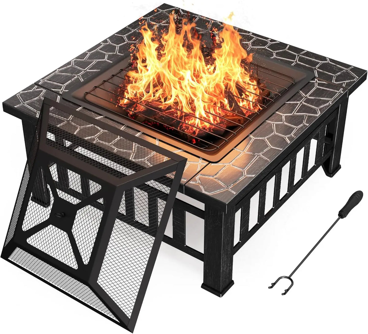 Devoko 32-inch outdoor fire pit table in silver metal with a mesh protective screen and poker