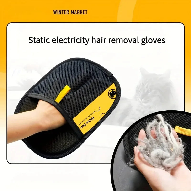 2-piece black double-sided pet grooming gloves with a yellow tab for fur removal and cleaning.