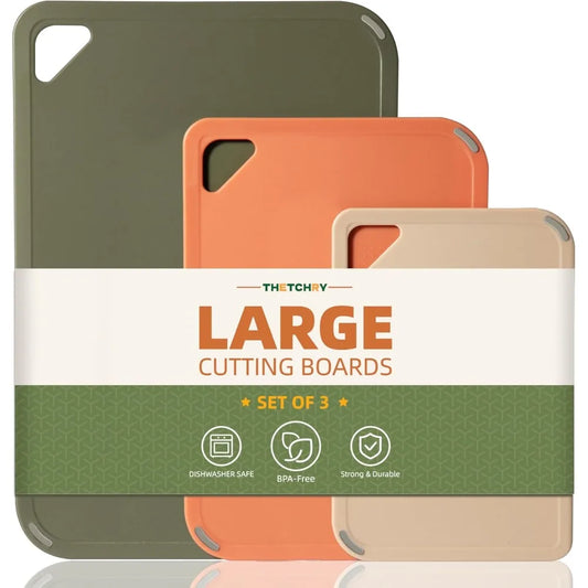 Plastic Cutting Board Set, Cutting Boards for Kitchen BPA Free, Large-Small Chopping Boards Set of 3 Non-Slip for Cooking Camping Dishwasher Safe, Reversible, with Grip Handle, 15"×10"×0.6" by S And B Enterprise