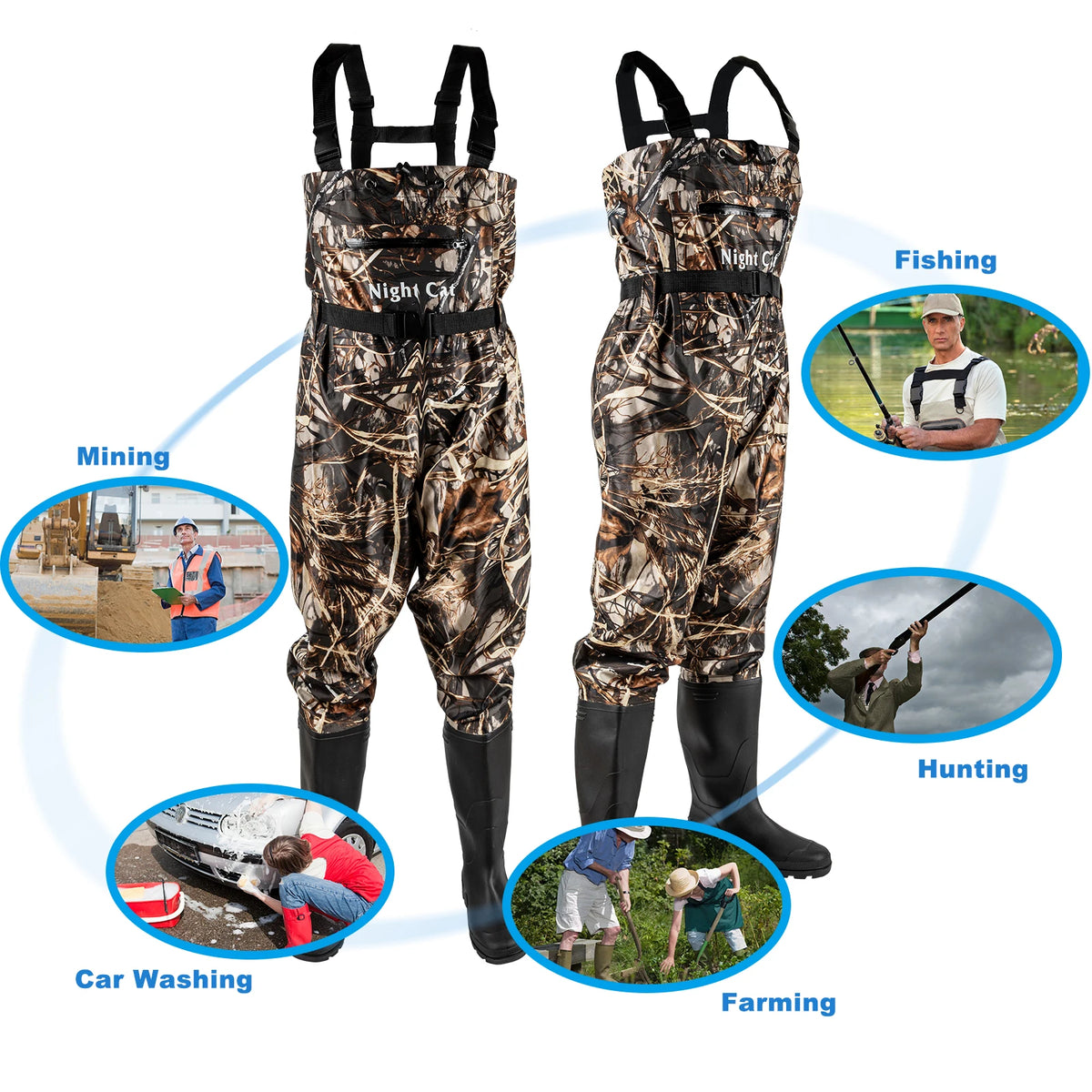 Set of 2 Night Cat camo waterproof fishing chest waders with boots; nylon and PVC