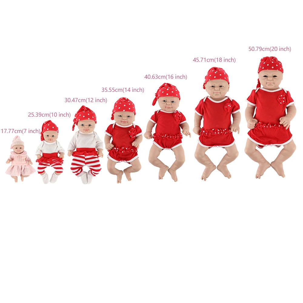 IVITA silicone reborn dolls, seven lifelike baby girls in red outfits, sizes 7–20 inches.