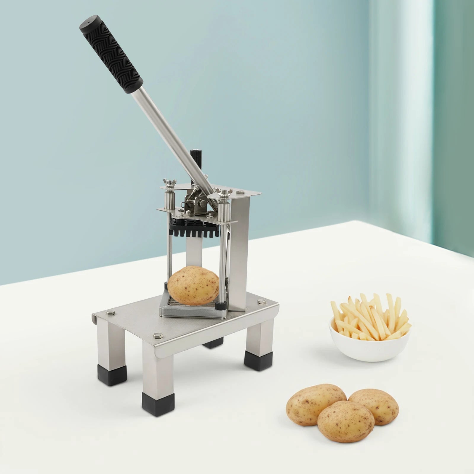 French Fry Cutter with 1/4, 3/8, 1/2 in stainless blades; stainless steel lever-action potato slicer
