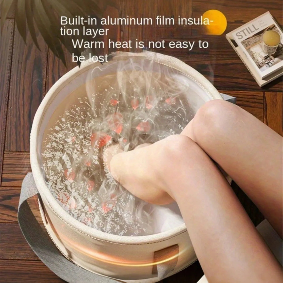 Foldable round beige foot soak tub with heat-preservation insulation and clear lid; feet soaking inside