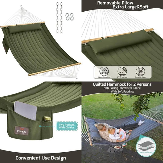Double Quilted Fabric Hammock With Hardwood Spreader Bars And Pillow