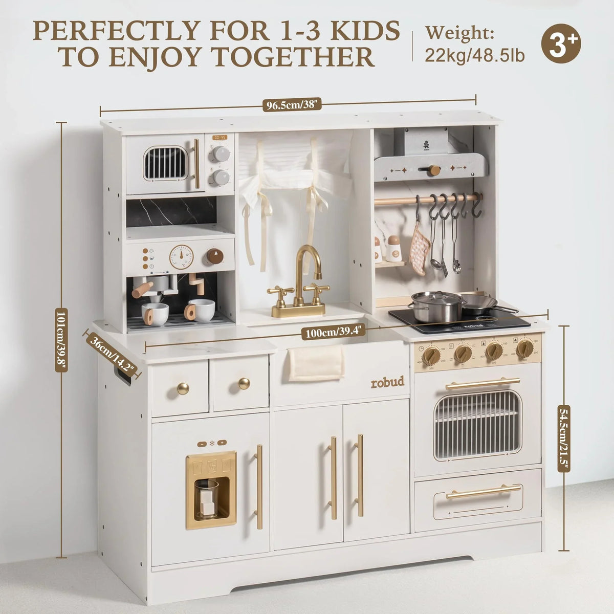 Robotime Robud wooden play kitchen with wash basin and cookware accessories, white with brass hardware