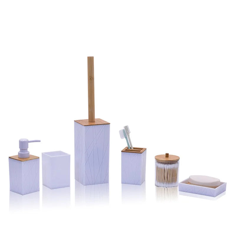6-piece blue bathroom set with bamboo lids; dispenser, toothbrush holder, cup, toilet brush, soap dish, waste bin