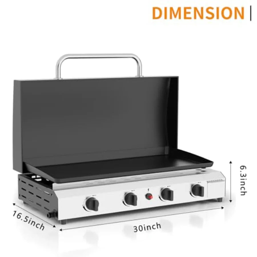 Portable Gas Griddle With Lid, 4-Burner Tabletop Grill