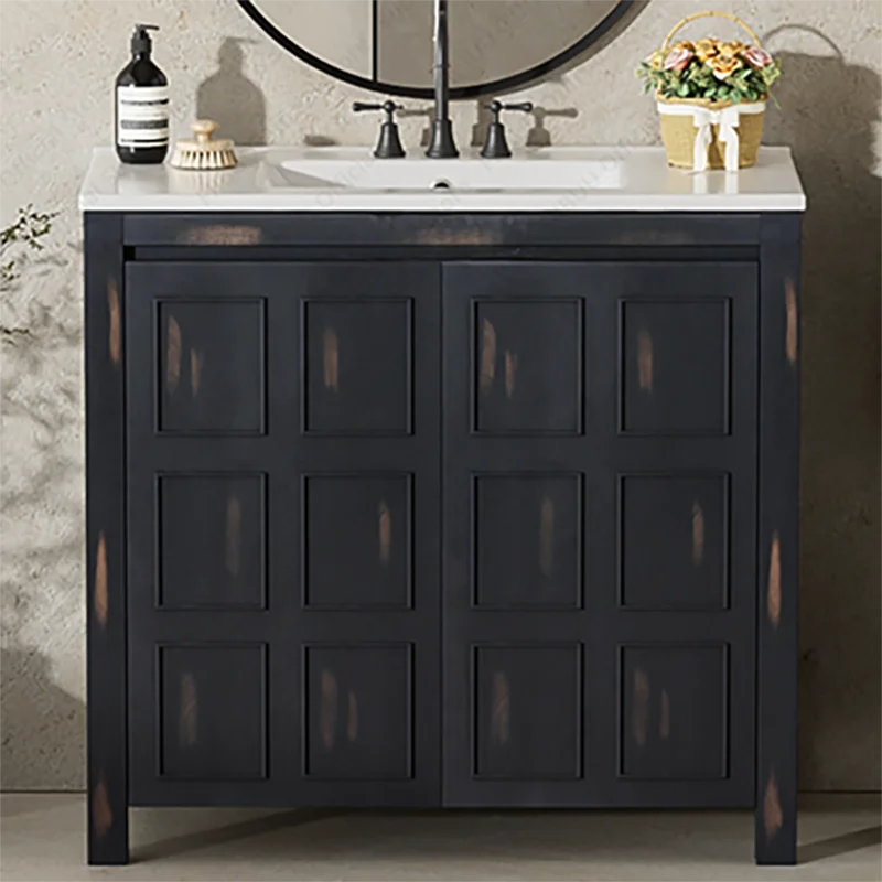 Bathroom vanity cabinet 36 inch solid wood with white ceramic sink, dark charcoal finish.