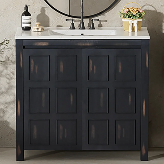 Bathroom vanity cabinet 36 inch solid wood with white ceramic sink, dark charcoal finish.