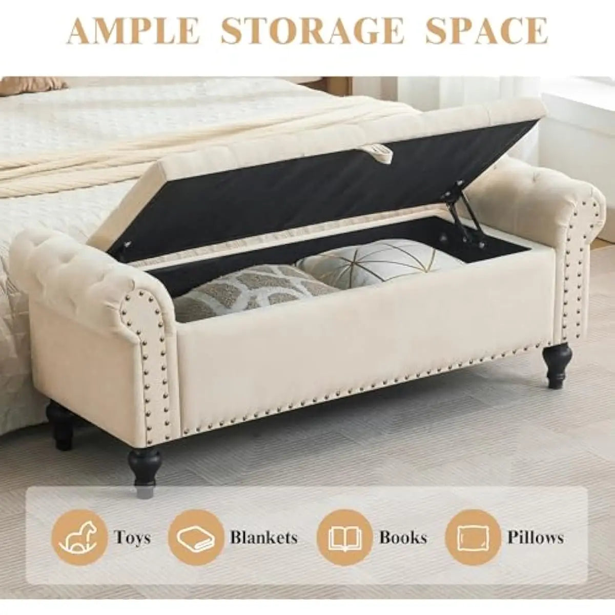 51-inch beige chenille storage bench ottoman with lid and nailhead trim by S And B Enterprise.