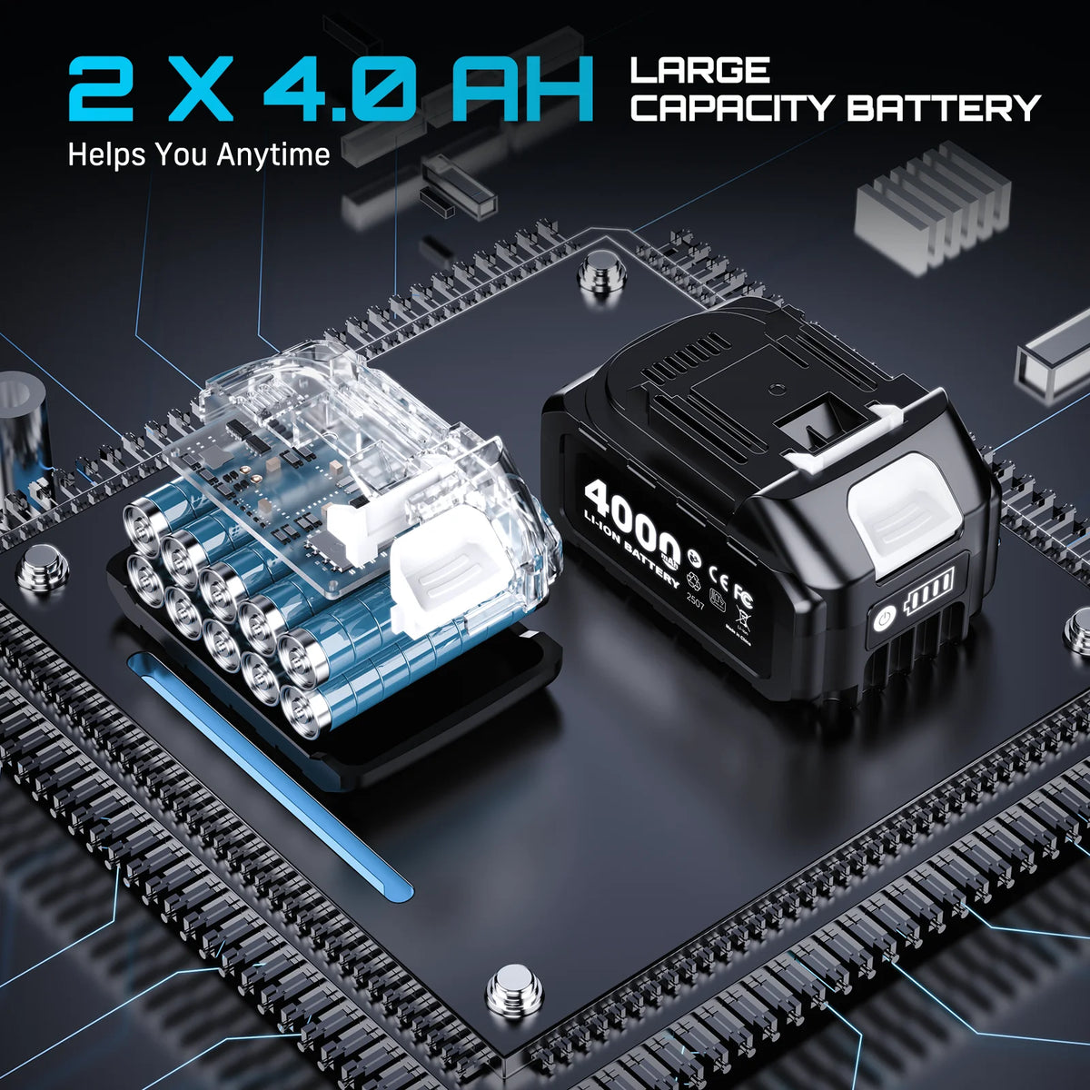 Seesii 3-in-1 cordless tool kit with two 4.0Ah large-capacity batteries; cutaway view of the battery pack.
