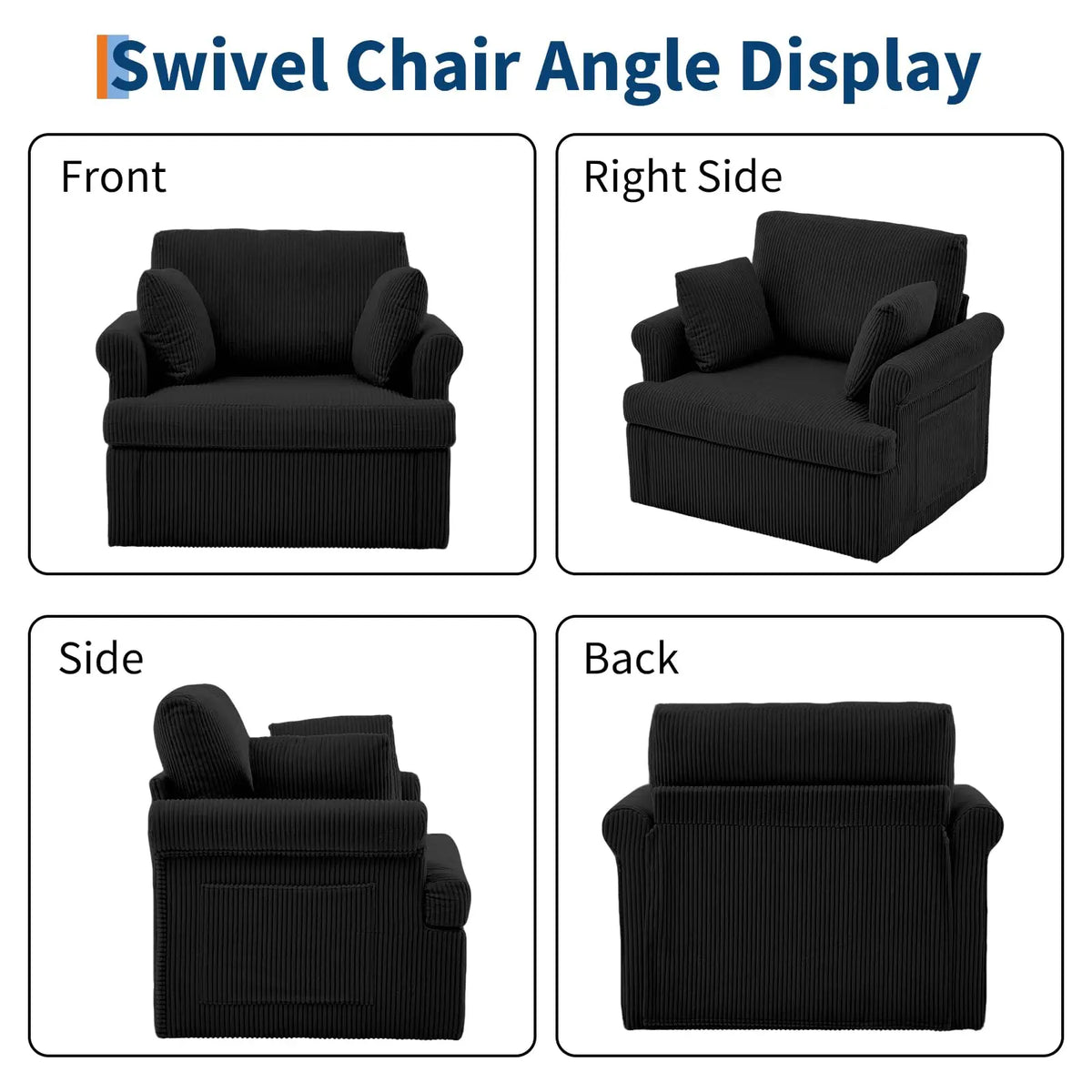 39-Inch swivel corduroy barrel armchair with two pillows, black upholstery by S And B Enterprise