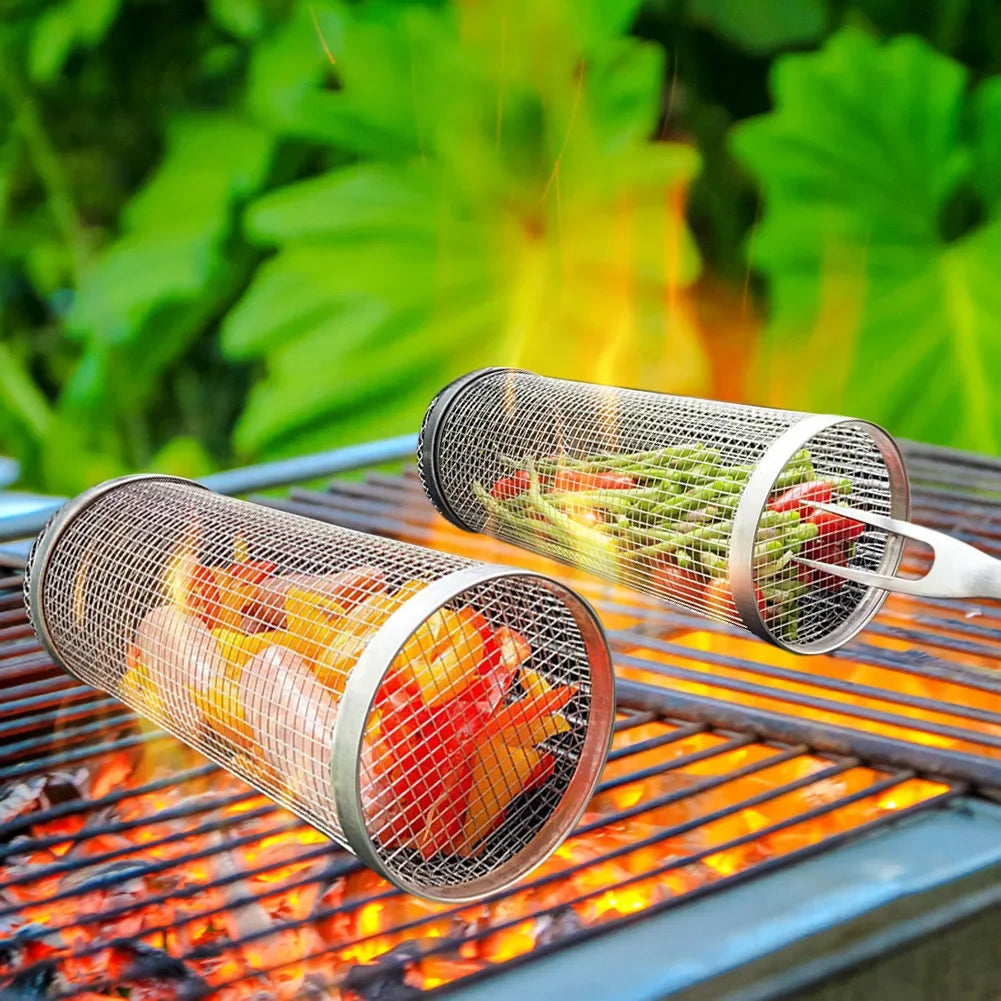 Two cylindrical stainless steel rolling grill baskets with leak-proof mesh for outdoor barbecuing