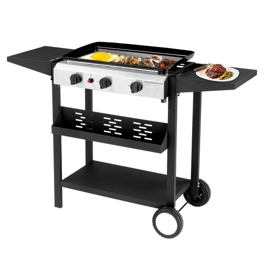 34" Outdoor Griddle Station with Side Shelf, 3 Burner Flat Top Gas Grill Propane by S And B Enterprise