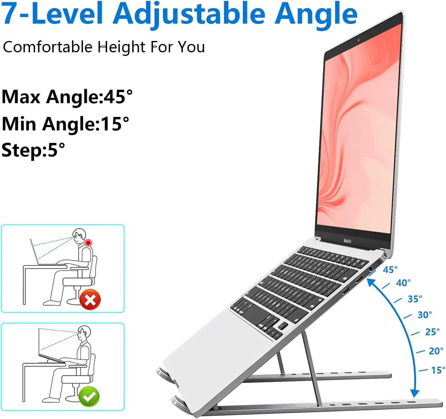 Ergonomic Aluminum Alloy Foldable Laptop Stand, 7 Adjustable Angles, Sand-Blasted Anti-Slip Stable Computer Holder by S And B Enterprise