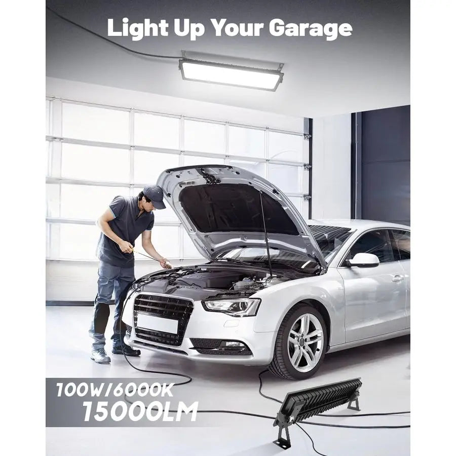 Pack Linkable LED Shop Lights, Ultra Bright 100W 15000LM Aluminum Plug in Garage Light w 9.84ft Power Cord, 6000K Work Light for