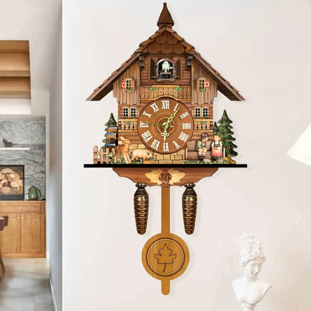 Wooden cuckoo wall clock with chalet-style house, Roman numeral dial, two pinecone weights and pendulum