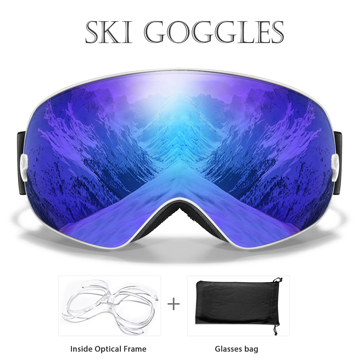Ski goggles by S And B Enterprise with purple mirror lens, UV400 anti-fog, includes free optical frame and bag