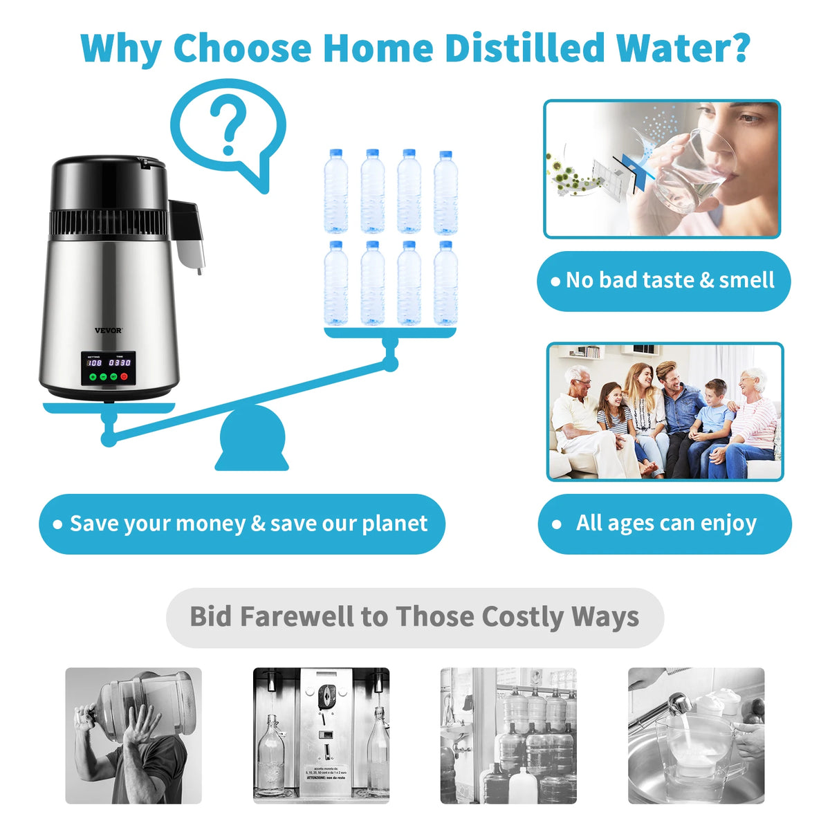 4L water distiller purifier with stainless steel body, touch-screen control, and 8 bottles (VEVOR) for home use