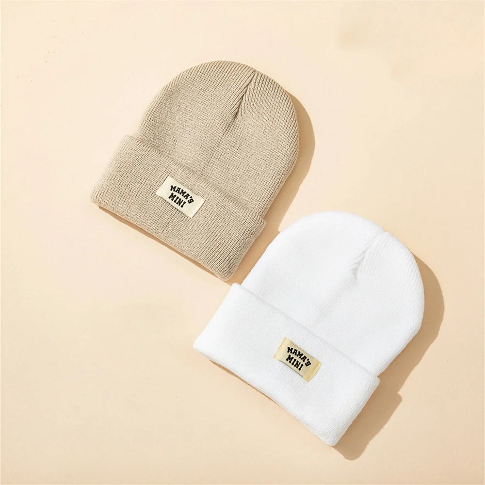 2-pack kids knitted beanies in beige and white, solid color brimless winter hats