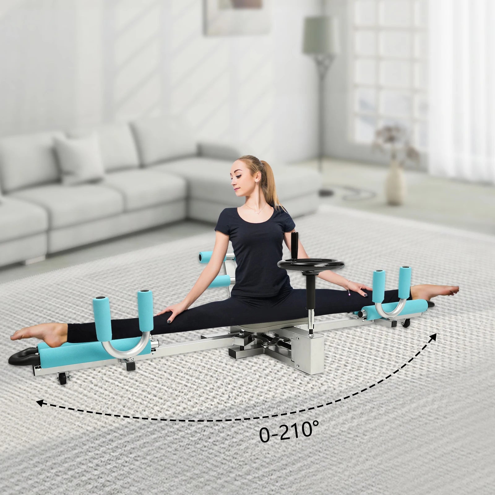 Leg stretcher split machine with teal rollers and metal frame, adjustable 0-210°