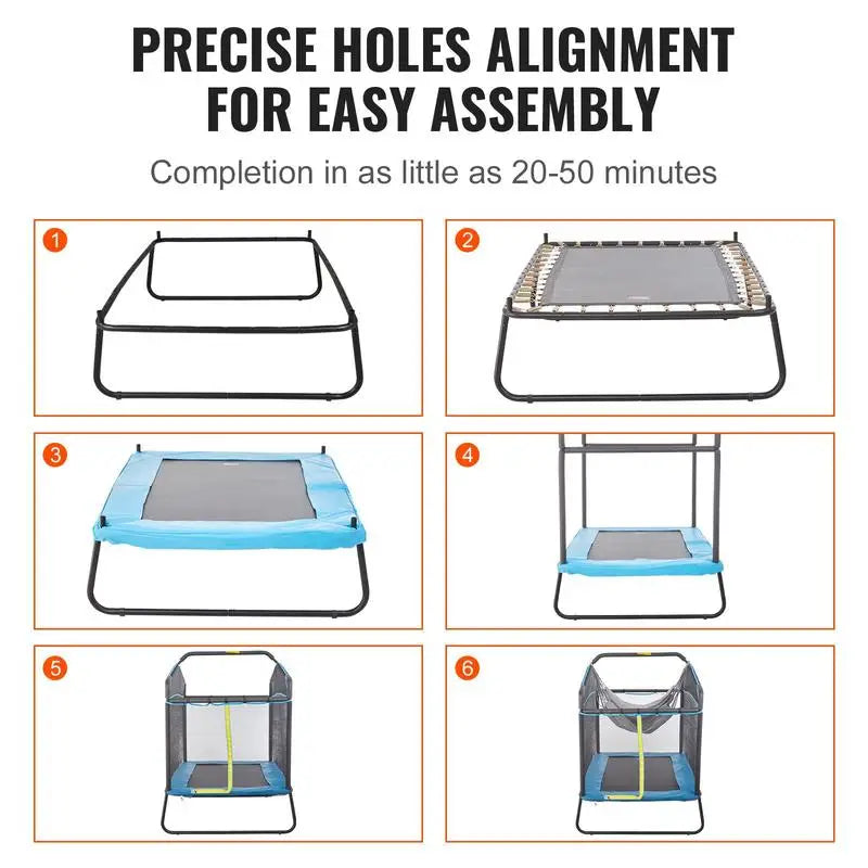 6ft kids trampoline with blue padding and safety enclosure net by S And B Enterprise; six-step assembly guide
