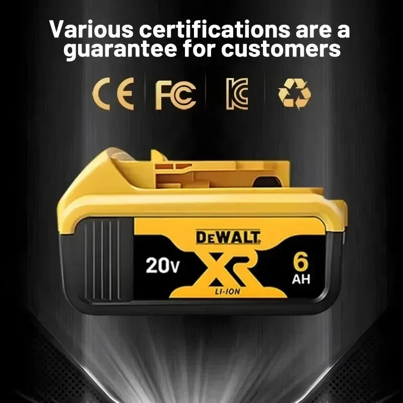 DeWalt 20V XR 6Ah Li‑Ion battery pack, yellow and black with DeWalt branding