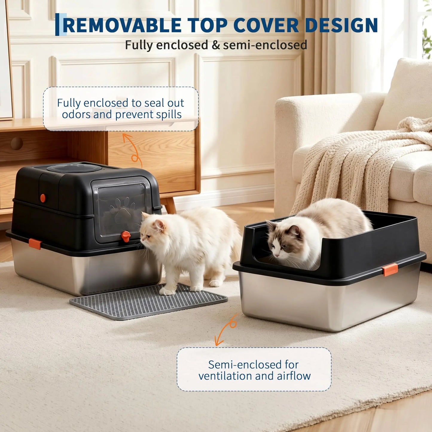 Enclosed Stainless Steel Litter Box With Lid Dog Proof XL Metal Litter Pan High Sided Anti Leak Front Entry Top Exit For Big Cats Includes Scoop For Multi Cat Home by S And B Enterprise